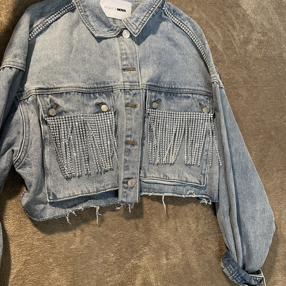 Fashion Nova Jacket Womens M/L Denim Rhinestone Cropped Fringe Rodeo Cowboy